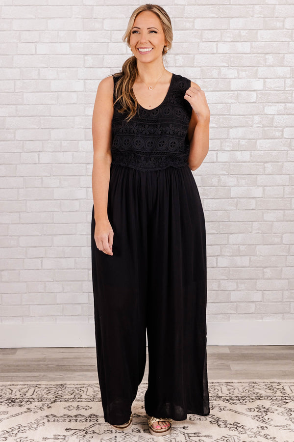 Chic Soul plus size clothing, black sleeveless scoop neck jumpsuit with slit in legs
