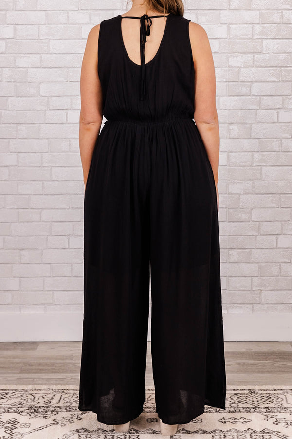 Chic Soul plus size clothing, black sleeveless scoop neck jumpsuit with slit in legs