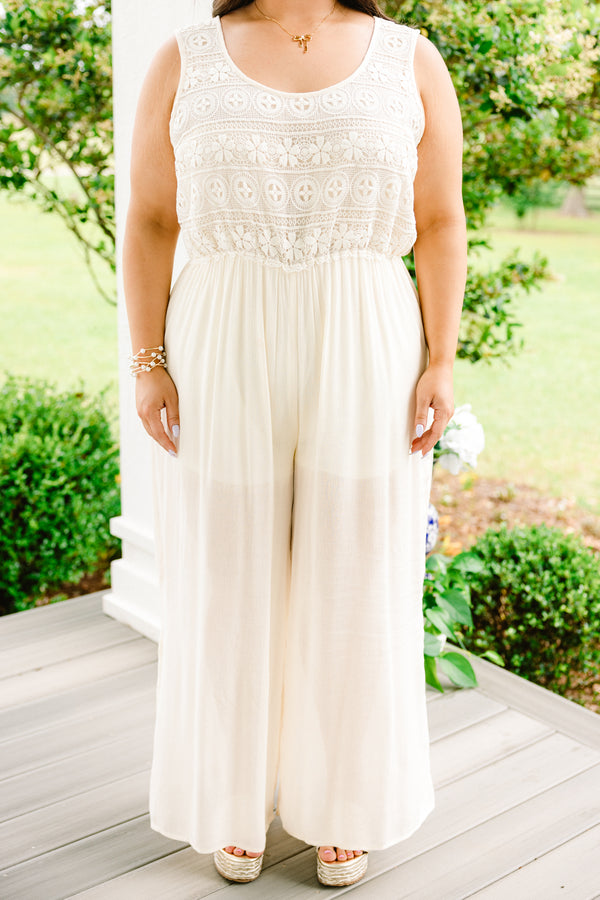Chic Soul plus size clothing, white sleeveless jumpsuit with lace top with scoop neckline