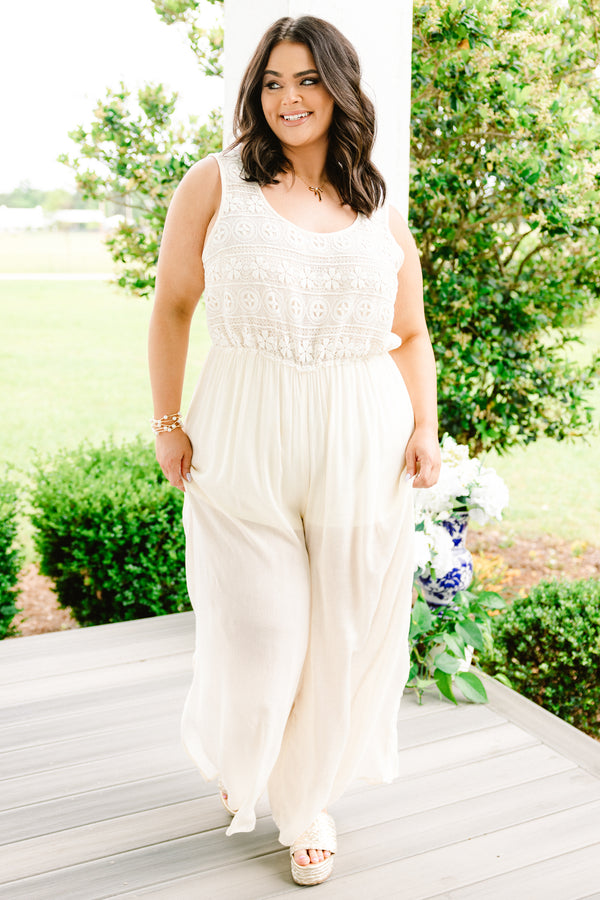 Chic Soul plus size clothing, white sleeveless jumpsuit with lace top with scoop neckline