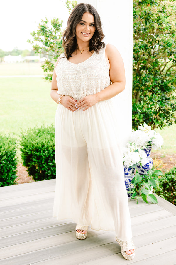 Chic Soul plus size clothing, white sleeveless jumpsuit with lace top with scoop neckline
