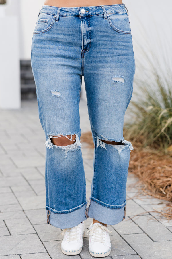 Chic Soul plus size clothing, mid-waisted medium wash cropped straight leg distressed jeans with silver button detailing
