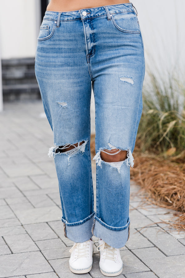 Chic Soul plus size clothing, mid-waisted medium wash cropped straight leg distressed jeans with silver button detailing
