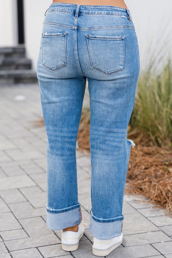 Chic Soul plus size clothing, mid-waisted medium wash cropped straight leg distressed jeans with silver button detailing