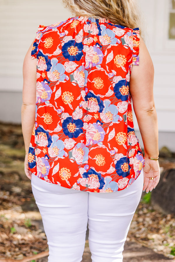 Chic Soul plus size clothing, sleeveless smocked halter neckline red tank top with blue and yellow floral details