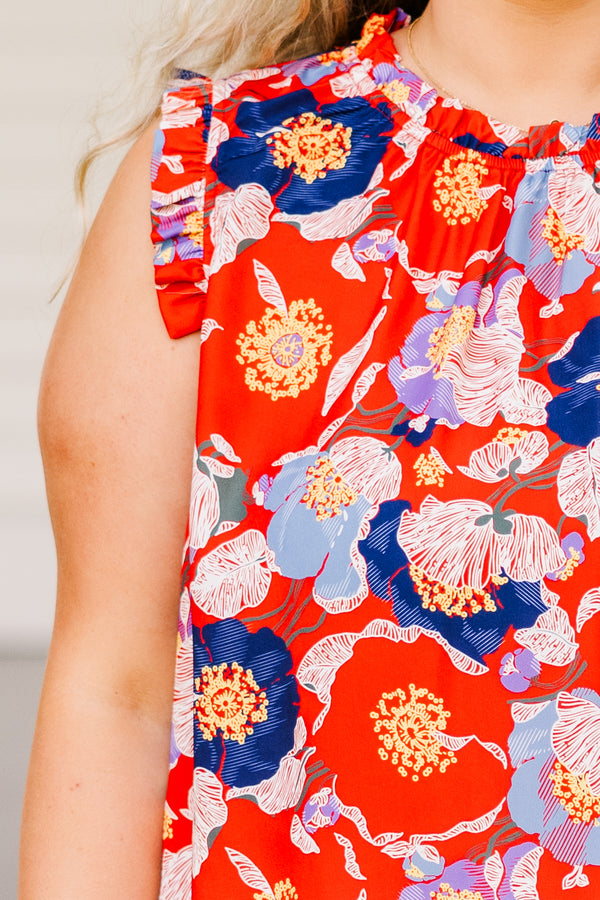 Chic Soul plus size clothing, sleeveless smocked halter neckline red tank top with blue and yellow floral details