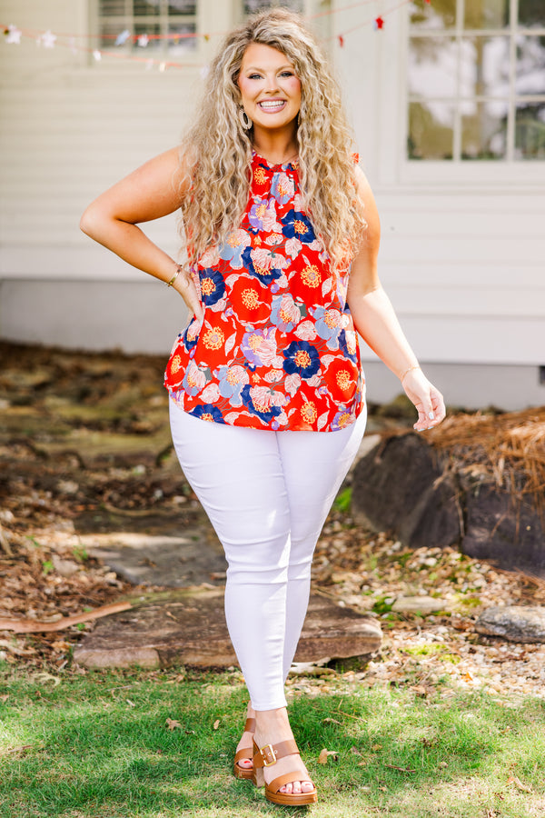 Chic Soul plus size clothing, sleeveless smocked halter neckline red tank top with blue and yellow floral details