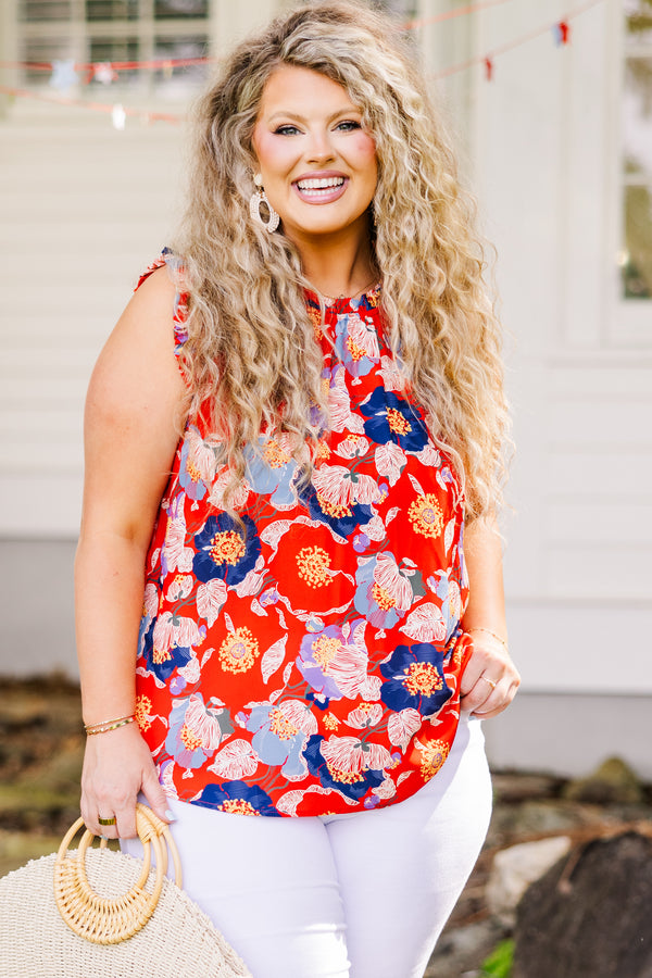 Chic Soul plus size clothing, sleeveless smocked halter neckline red tank top with blue and yellow floral details