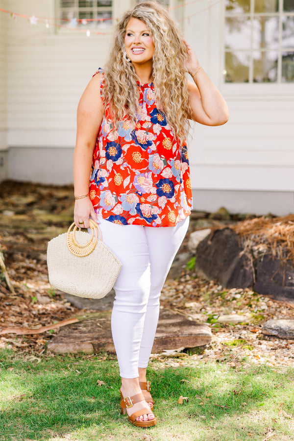 Chic Soul plus size clothing, sleeveless smocked halter neckline red tank top with blue and yellow floral details