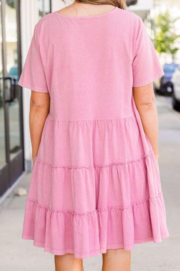 Chic Soul plus size clothing, short sleeve flowy baby doll pink dress with distressed detailing