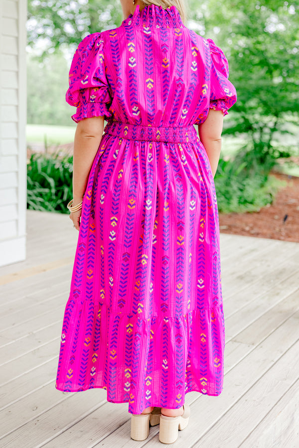 Chic Soul Plus size clothing, magenta block pattern maxi dress with bubble sleeves that have a ruffle detail at the end of the sleeves and along the neckline, as well as a ruched waistband 
