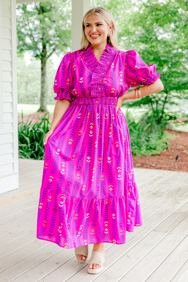 Chic Soul Plus size clothing, magenta block pattern maxi dress with bubble sleeves that have a ruffle detail at the end of the sleeves and along the neckline, as well as a ruched waistband 
