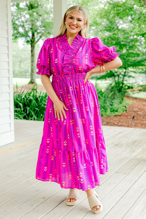 Chic Soul Plus size clothing, magenta block pattern maxi dress with bubble sleeves that have a ruffle detail at the end of the sleeves and along the neckline, as well as a ruched waistband 
