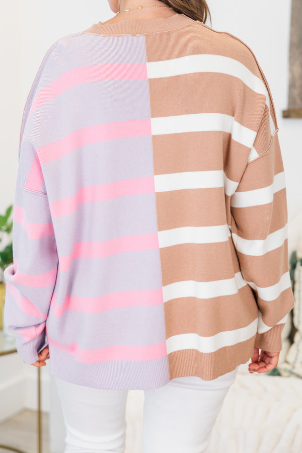 Chic Soul plus size clothing, two toned long sleeve knit sweater with cuff sleeves and round neckline with brown and white stripes on one side with pink and grey striped on the other 