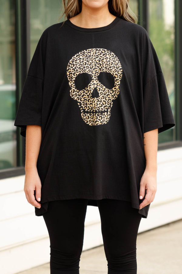 Chic Soul plus size clothing, black tee with a skull and animal print