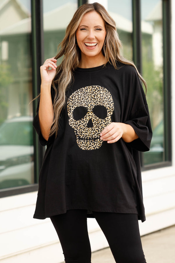 Chic Soul plus size clothing, black tee with a skull and animal print