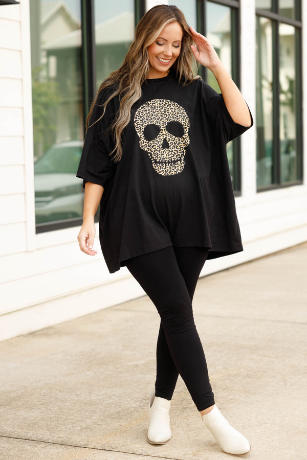 Chic Soul plus size clothing, black tee with a skull and animal print