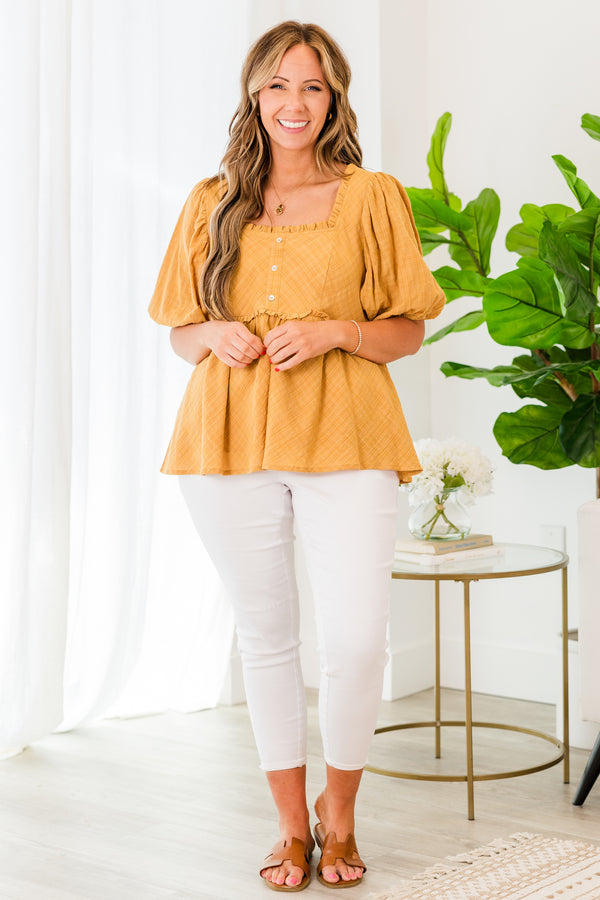 Chic Soul plus size clothing, short sleeve honey baby doll top with ruffles, buttons, and puffed sleeves
