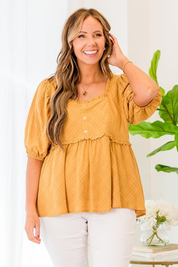 Chic Soul plus size clothing, short sleeve honey baby doll top with ruffles, buttons, and puffed sleeves