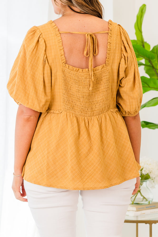 Chic Soul plus size clothing, short sleeve honey baby doll top with ruffles, buttons, and puffed sleeves