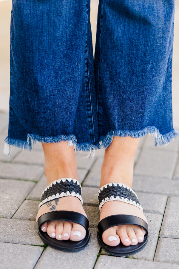 Chic Soul plus size clothing, two strap black sandals with white scallop pattern on back strap