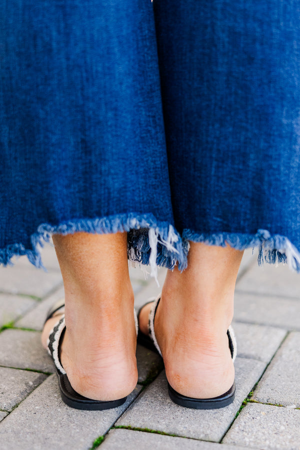 Chic Soul plus size clothing, two strap black sandals with white scallop pattern on back strap