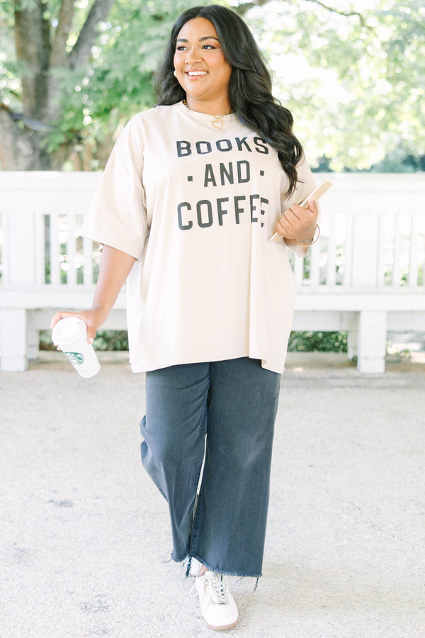 Plus size light mocha oversized boyfriend tee with 