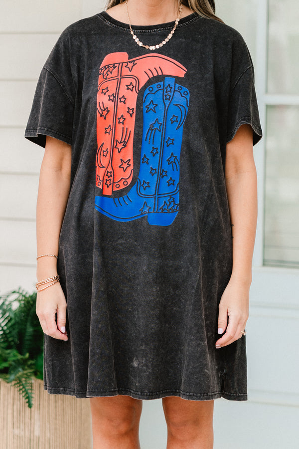 Chic Soul plus size clothing, black acid wash t-shirt dress with red and blue cowboy boots graphic