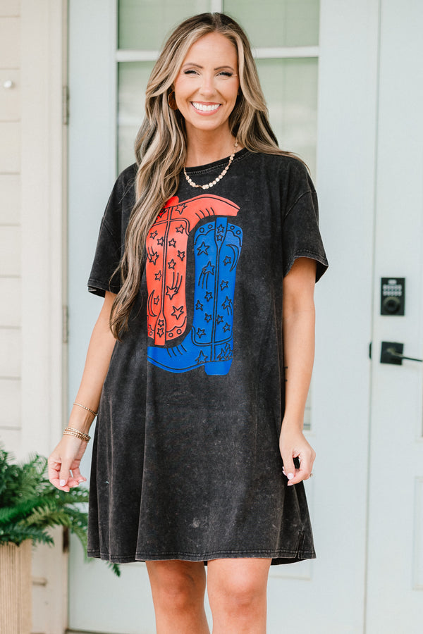 Chic Soul plus size clothing, black acid wash t-shirt dress with red and blue cowboy boots graphic