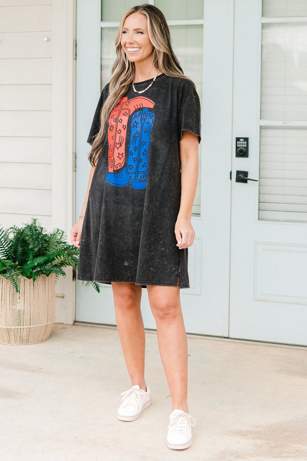 Chic Soul plus size clothing, black acid wash t-shirt dress with red and blue cowboy boots graphic