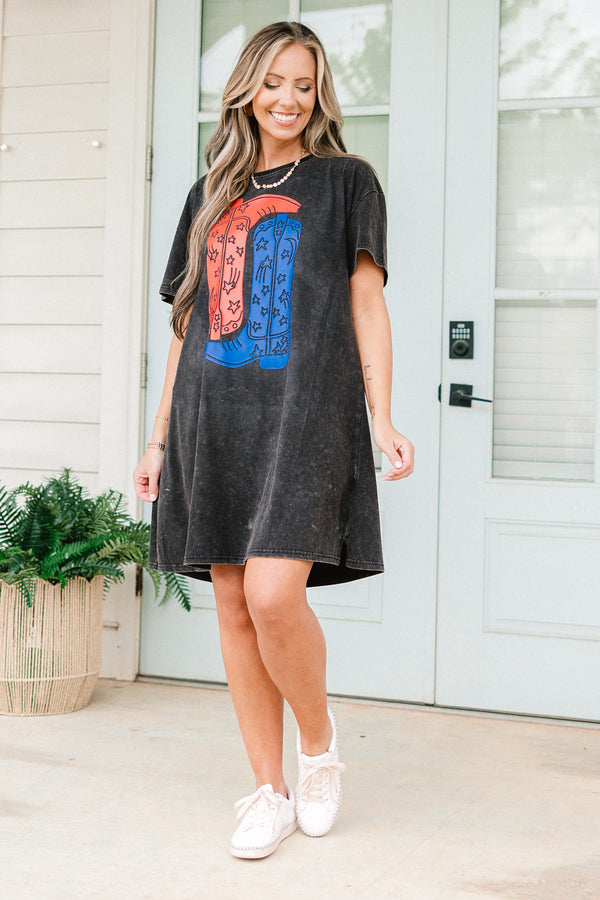 Chic Soul plus size clothing, black acid wash t-shirt dress with red and blue cowboy boots graphic