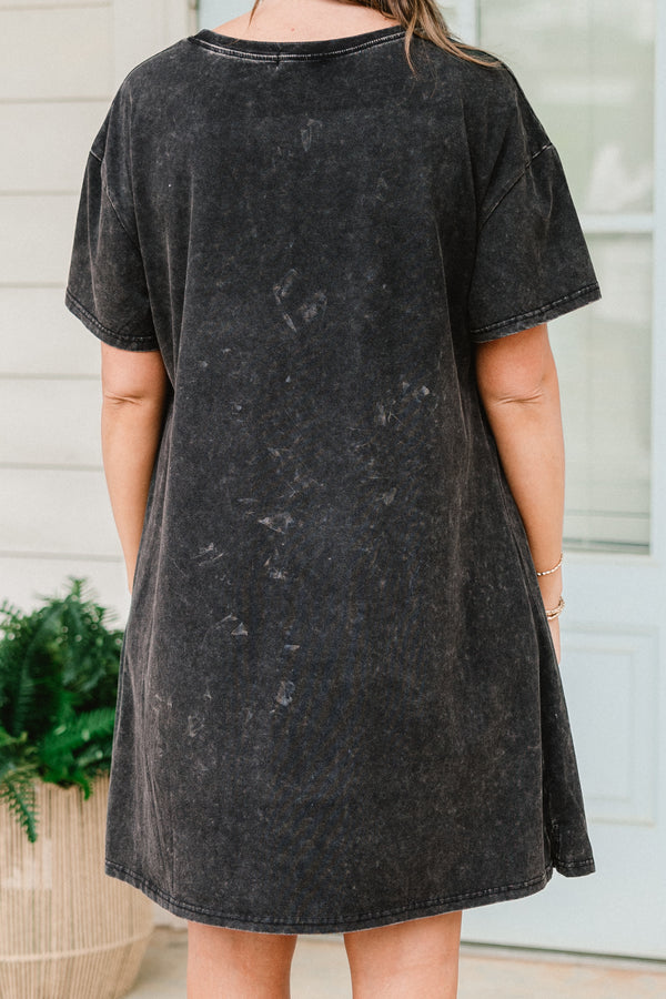 Chic Soul plus size clothing, black acid wash t-shirt dress with red and blue cowboy boots graphic
