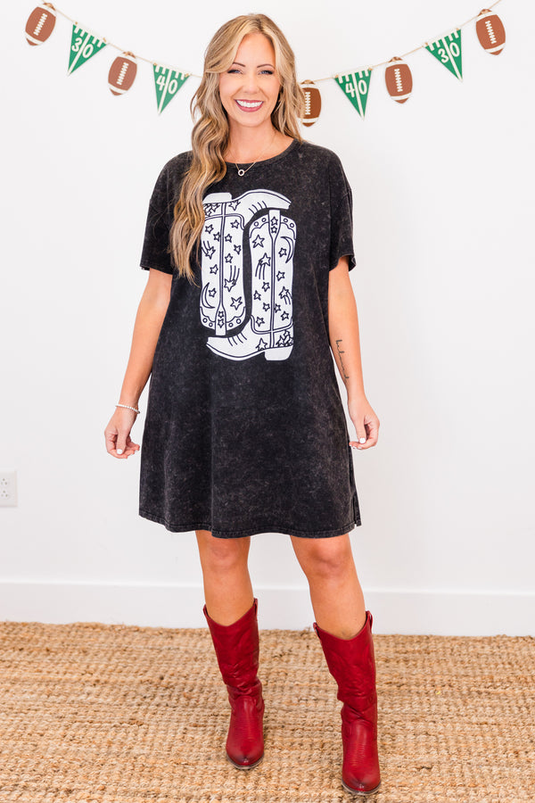 Chic Soul plus size clothing,  short-sleeve black acid wash t-shirt dress with white upside down cowboy boot graphic and a white right-side up cowboy boot graphic 