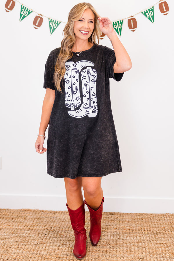 Chic Soul plus size clothing,  short-sleeve black acid wash t-shirt dress with white upside down cowboy boot graphic and a white right-side up cowboy boot graphic 