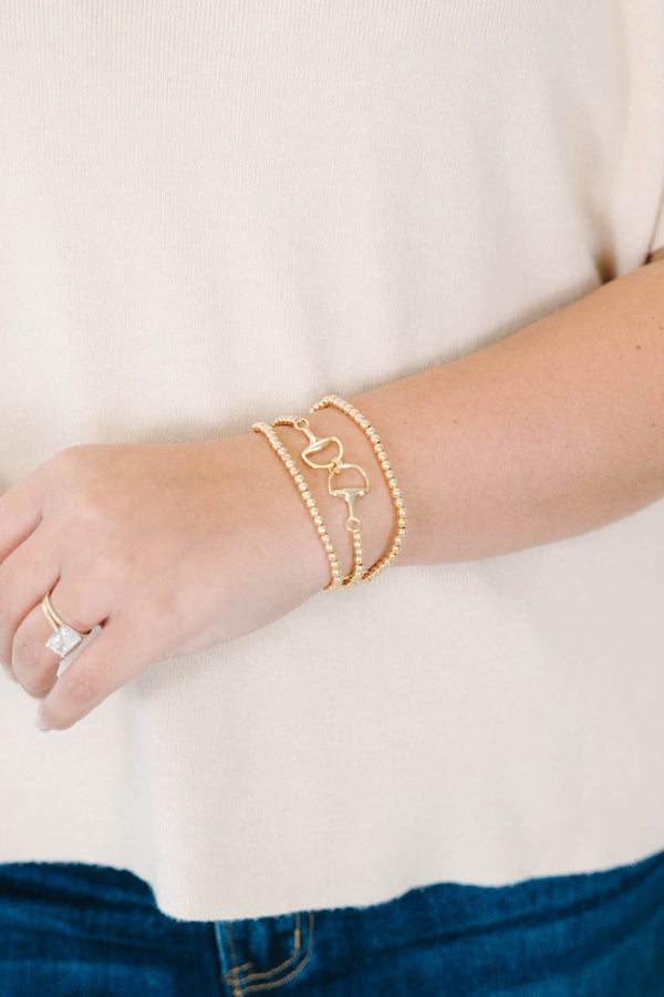  gold Boots and Buckles beaded bracelet set with horse bit charms.