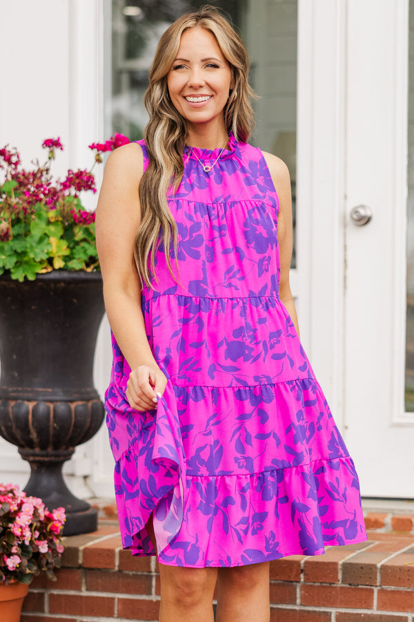 Chic Soul plus size clothing, sleeveless halter neckline magenta ruffled dress with smocked neck and dark purple floral pattern