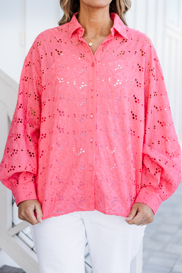 Chic Soul plus size clothing, coral pink eyelet design long sleeve button down top with collar
