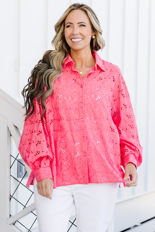 Chic Soul plus size clothing, coral pink eyelet design long sleeve button down top with collar
