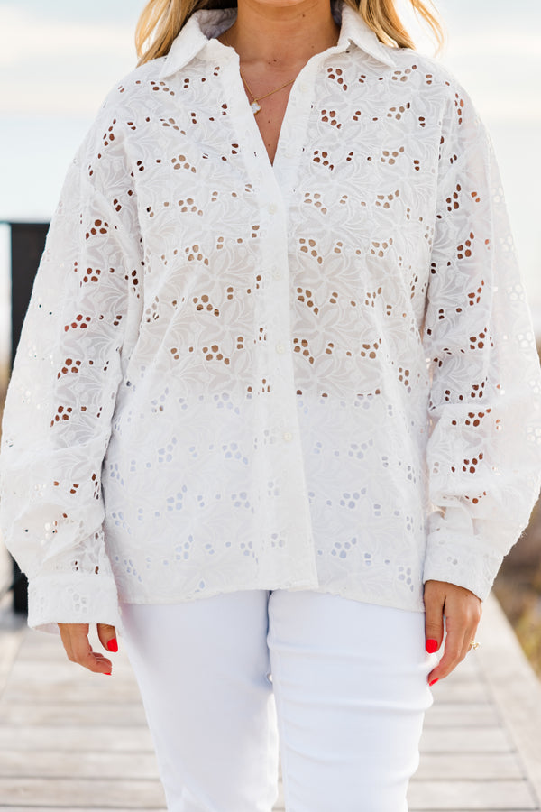 Chic Soul plus size clothing, long-sleeve sheer white eyelet top with a classic collar and button cuffs