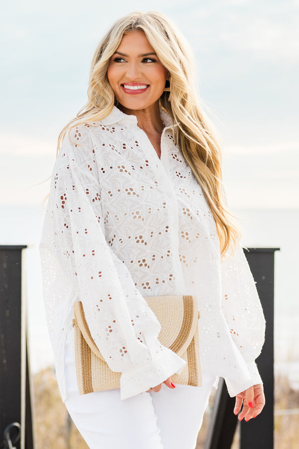 Chic Soul plus size clothing, long-sleeve sheer white eyelet top with a classic collar and button cuffs