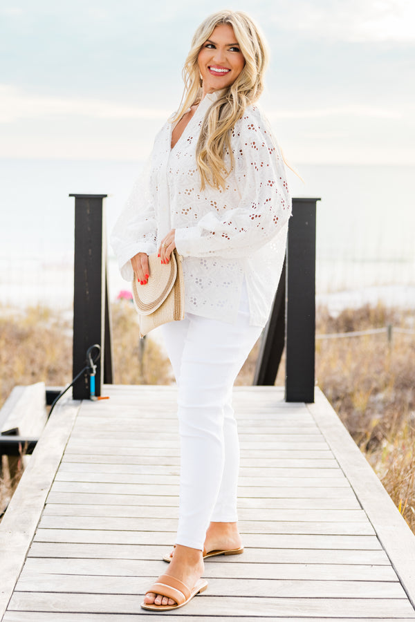 Chic Soul plus size clothing, long-sleeve sheer white eyelet top with a classic collar and button cuffs