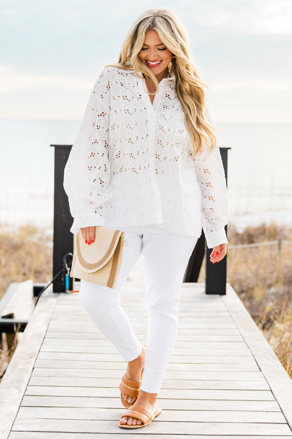 Chic Soul plus size clothing, long-sleeve sheer white eyelet top with a classic collar and button cuffs