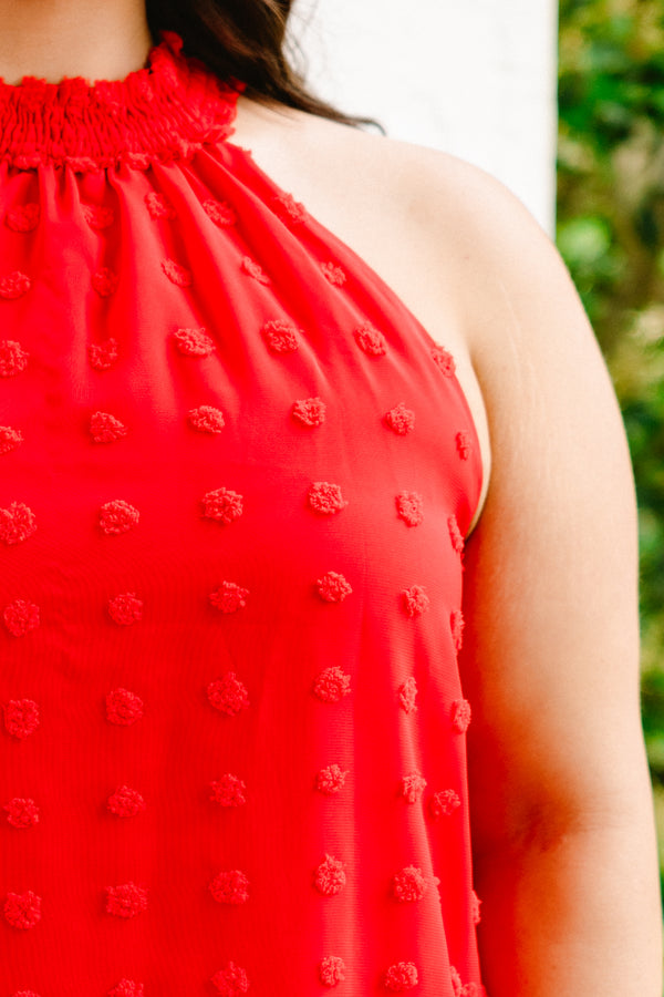 Chic Soul plus size clothing, red halter sleeveless top with textured polka dots