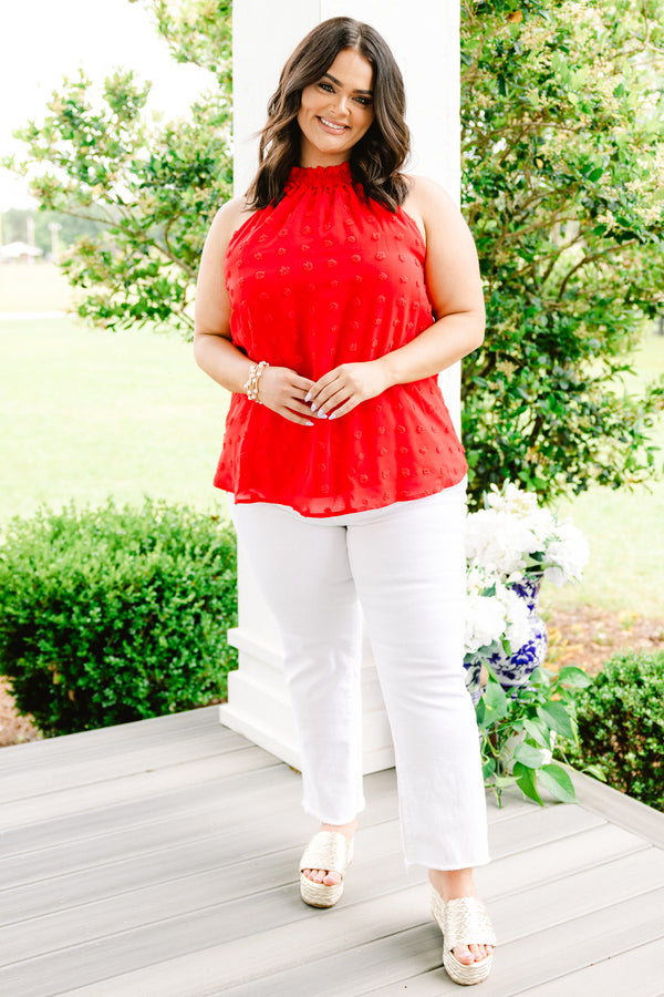 Chic Soul plus size clothing, red halter sleeveless top with textured polka dots