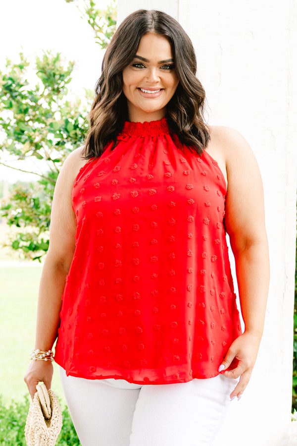 Chic Soul plus size clothing, red halter sleeveless top with textured polka dots
