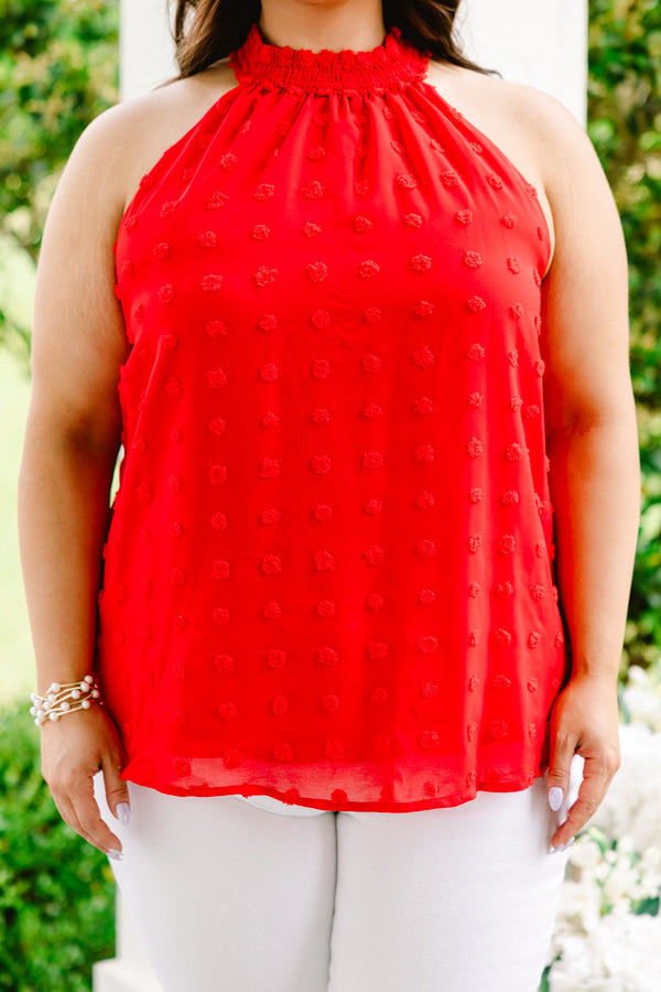 Chic Soul plus size clothing, red halter sleeveless top with textured polka dots