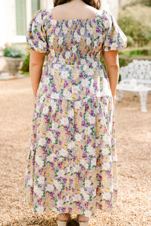 Chic Soul plus size clothing, purple multi floral print short sleeve maxi dress with smocked top with square neckline with puff sleeves and cinched waist