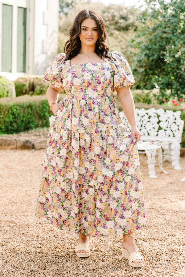 Chic Soul plus size clothing, purple multi floral print short sleeve maxi dress with smocked top with square neckline with puff sleeves and cinched waist