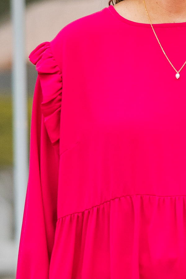 Plus Size hot pink long sleeve top with ruffle shoulders, bubble sleeves, and a tiered bodice.