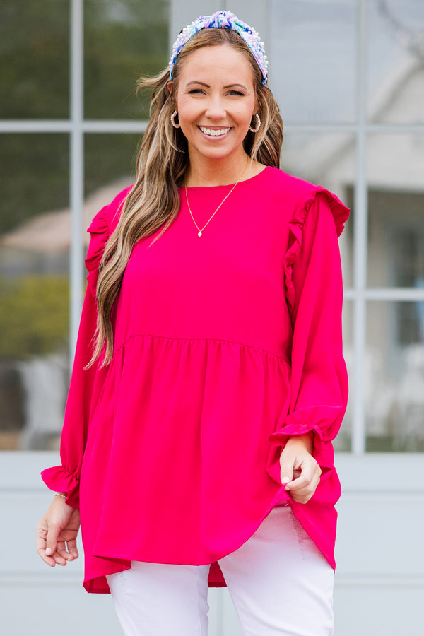 Plus Size hot pink long sleeve top with ruffle shoulders, bubble sleeves, and a tiered bodice.